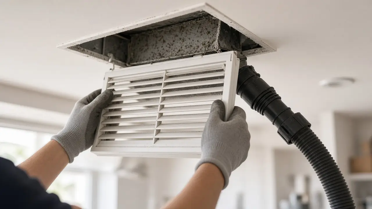 Technician removing a dusty ceiling air vent register